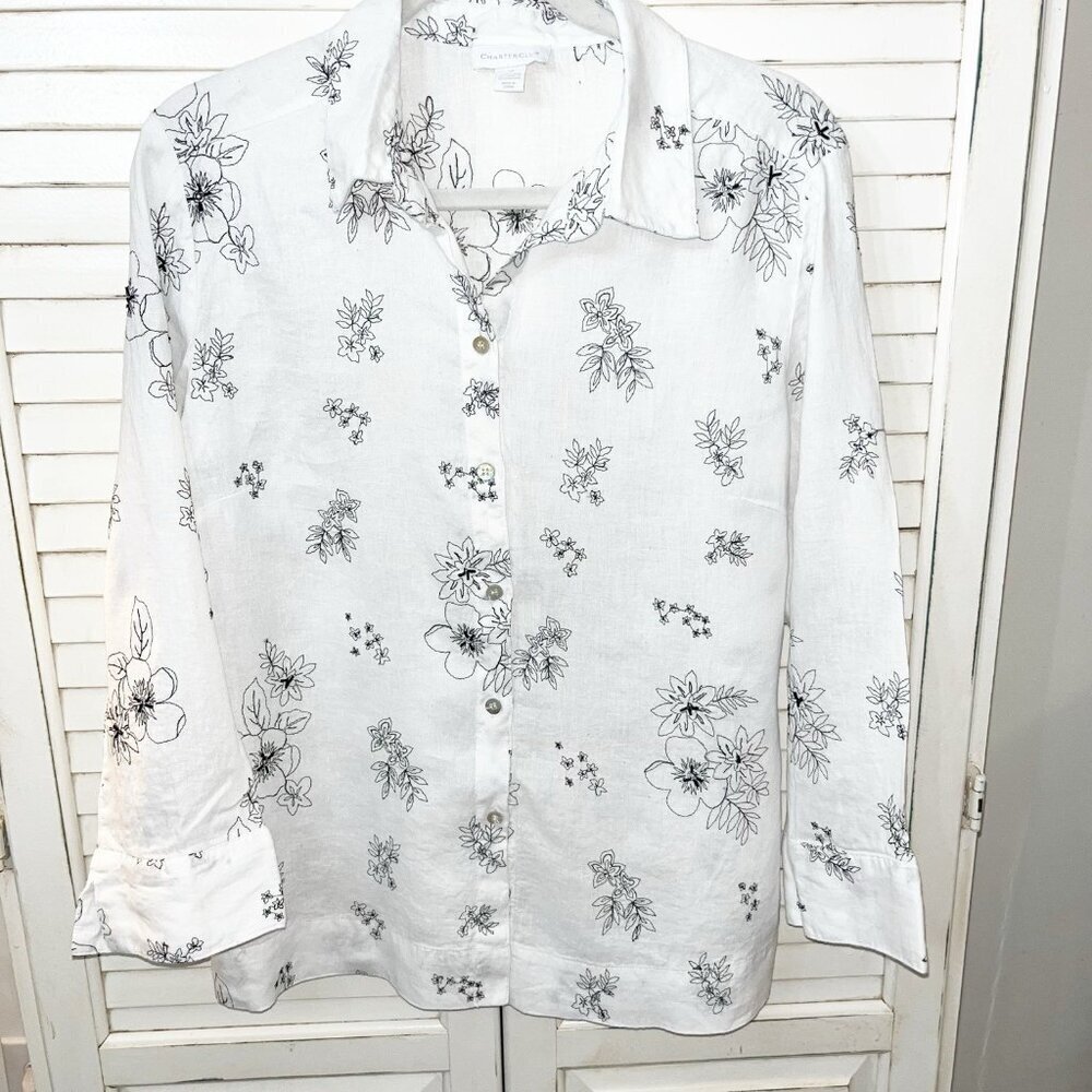 Charter Club Women's White Embroidered Floral 100% Linen 3/4 Sleeve Button-Up 12